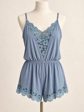 Eberjey Dusty Blue Floral Lace Trim Modal Sleep Romper Large Coquette Loungewear